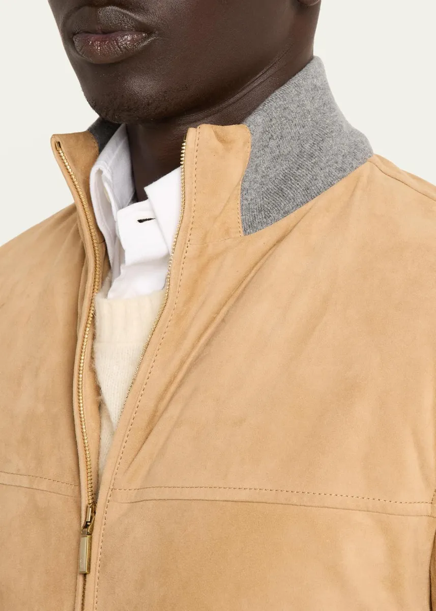 Brunello Cucinelli Men's Suede Knit-Trim Bomber Jacket | Thumbnail 5 Brunello Cucinelli Men's Suede Knit-Trim Bomber Jacket | Thumbnail 5