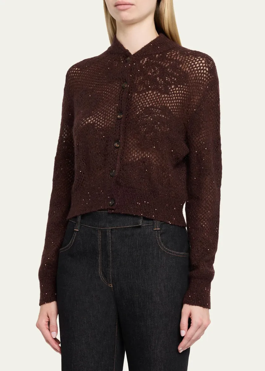 Brunello Cucinelli Glam-Knit Paillette Mesh Cardigan | Thumbnail 4