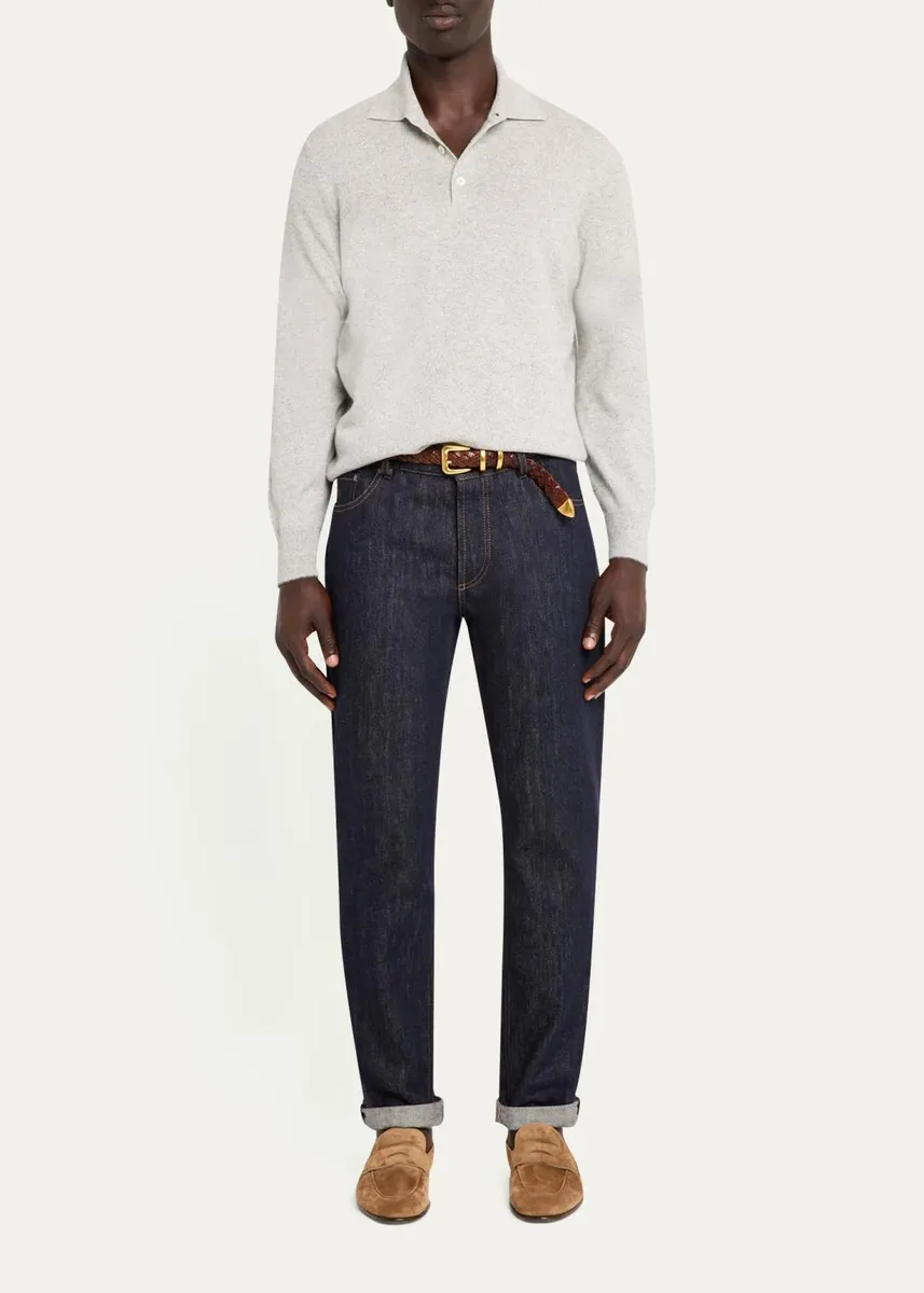 Brunello Cucinelli Men's Cashmere Long-Sleeve Polo Shirt | Thumbnail 2 Brunello Cucinelli Men's Cashmere Long-Sleeve Polo Shirt | Thumbnail 2
