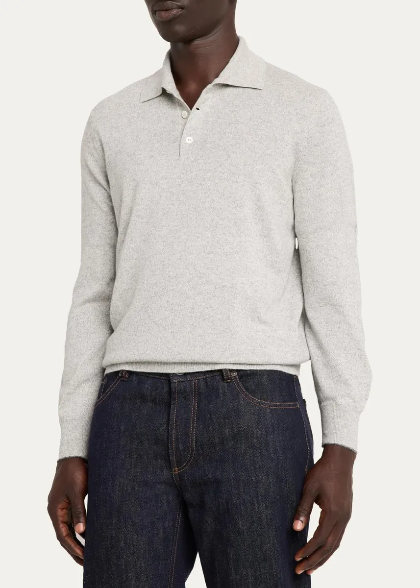 Brunello Cucinelli Men's Cashmere Long-Sleeve Polo Shirt | Thumbnail 4 Brunello Cucinelli Men's Cashmere Long-Sleeve Polo Shirt | Thumbnail 4