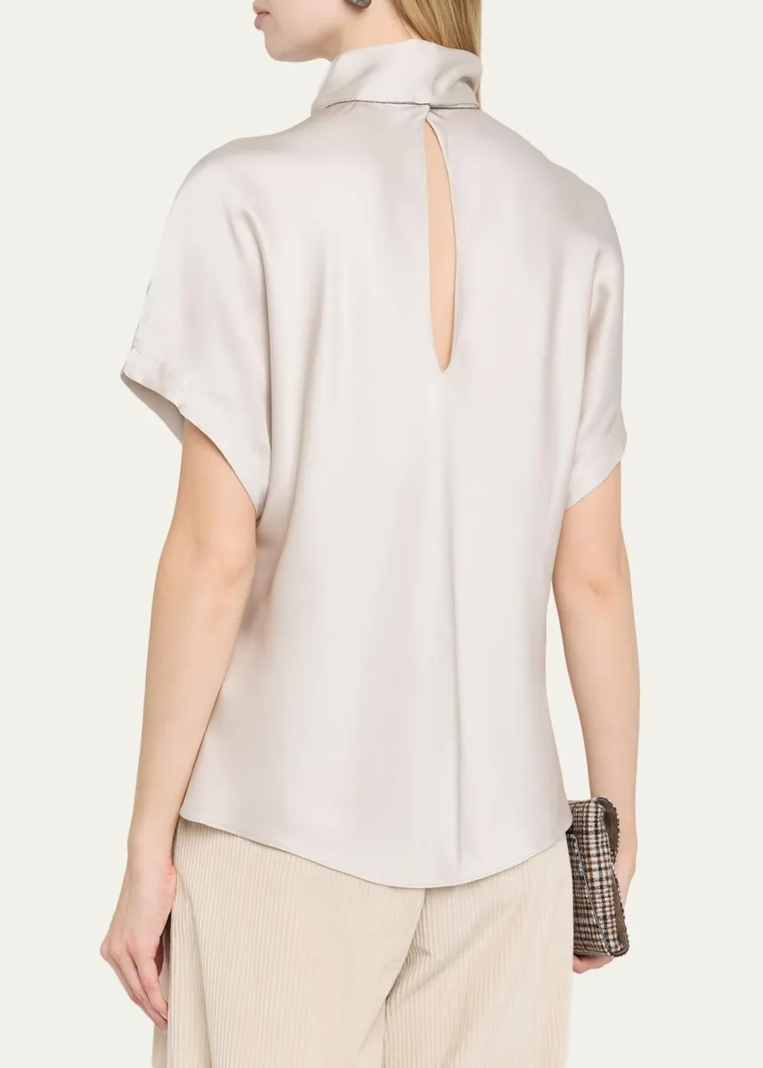 Brunello Cucinelli Fluid Silk Satin Top with Scarf Collar | Thumbnail 3 Brunello Cucinelli Fluid Silk Satin Top with Scarf Collar | Thumbnail 3