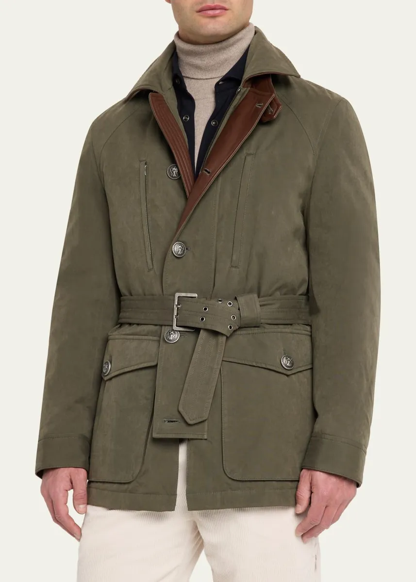 Brunello Cucinelli Men's Waxed Cotton Belted Safari Jacket | Thumbnail 4 Brunello Cucinelli Men's Waxed Cotton Belted Safari Jacket | Thumbnail 4