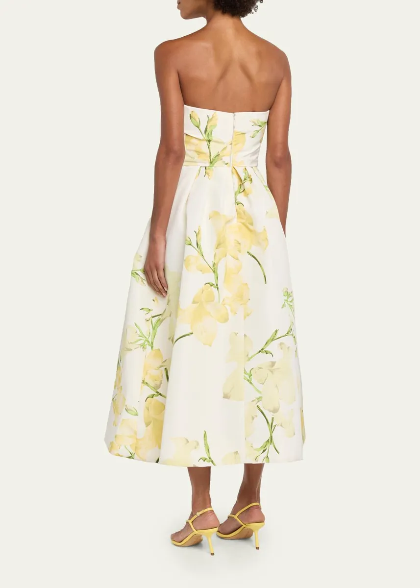 MONIQUE LHUILLIER Strapless Snapdragon Print Silk Faille Midi Dress | Thumbnail 3
