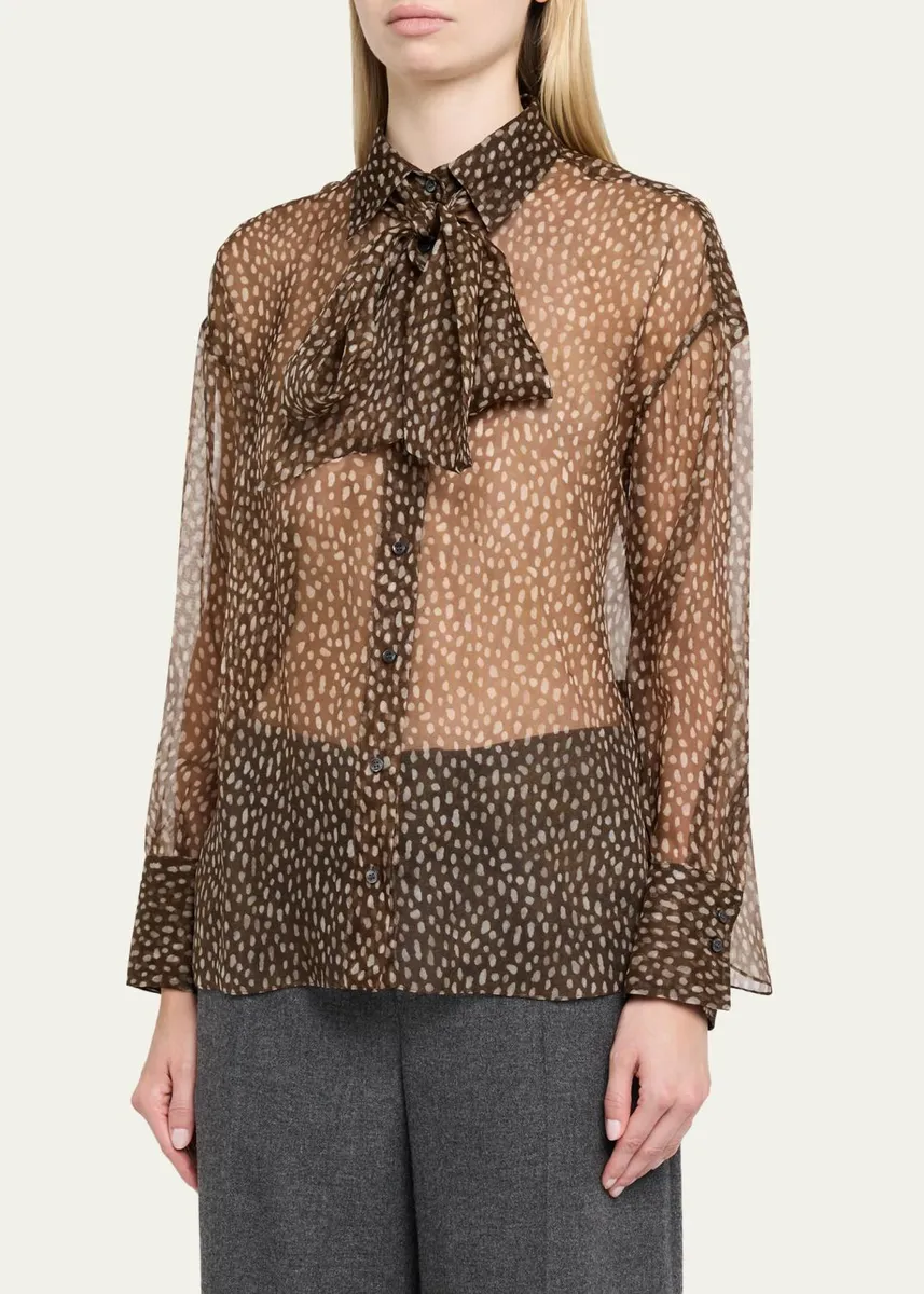 Brunello Cucinelli Pois-Lier Print Long-Sleeve Silk Blouse | Thumbnail 4 Brunello Cucinelli Pois-Lier Print Long-Sleeve Silk Blouse | Thumbnail 4