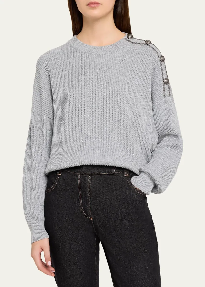 Brunello Cucinelli Sporty Button-Shoulder Cotton Diamante Crewneck Sweater | Thumbnail 4 Brunello Cucinelli Sporty Button-Shoulder Cotton Diamante Crewneck Sweater | Thumbnail 4