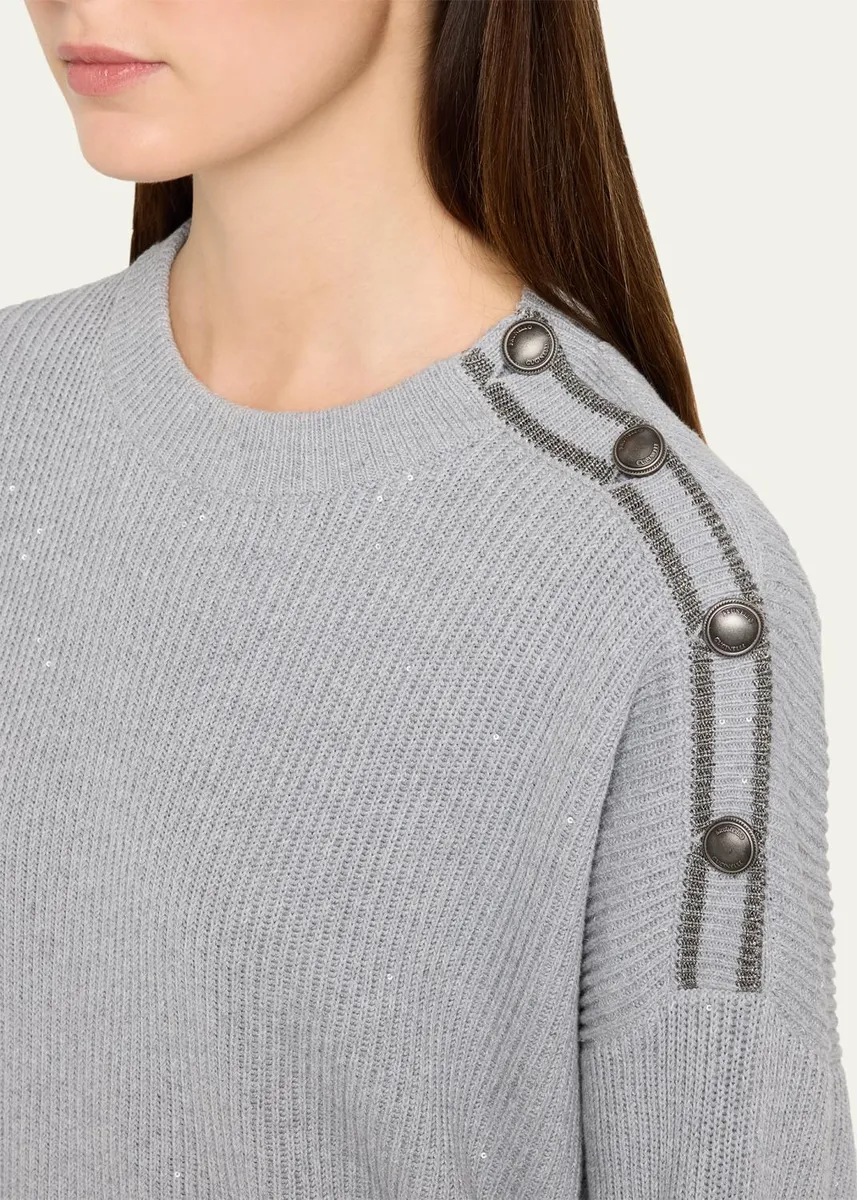 Brunello Cucinelli Sporty Button-Shoulder Cotton Diamante Crewneck Sweater | Thumbnail 5 Brunello Cucinelli Sporty Button-Shoulder Cotton Diamante Crewneck Sweater | Thumbnail 5