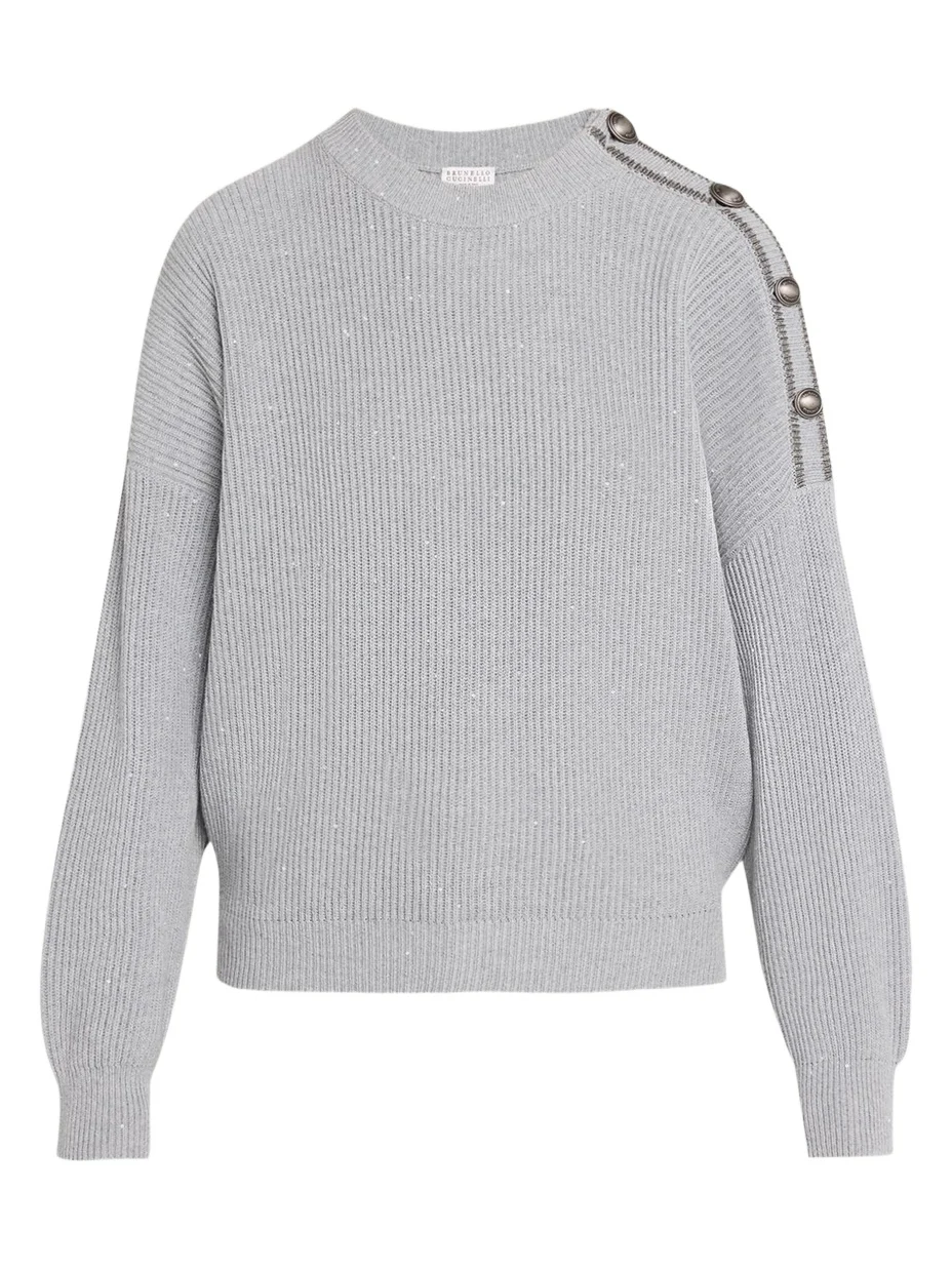Sporty Button-Shoulder Cotton Diamante Crewneck Sweater Sporty Button-Shoulder Cotton Diamante Crewneck Sweater