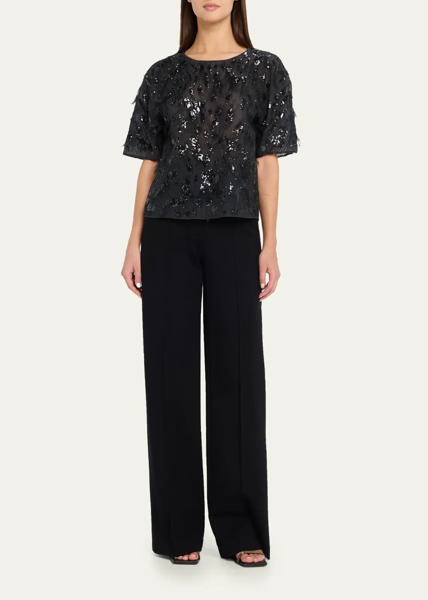 Brunello Cucinelli Animalier Sequined Fringe Silk Short-Sleeve Top | Thumbnail 2 Brunello Cucinelli Animalier Sequined Fringe Silk Short-Sleeve Top | Thumbnail 2