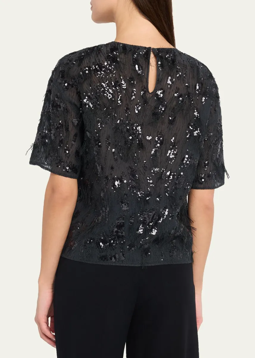 Brunello Cucinelli Animalier Sequined Fringe Silk Short-Sleeve Top | Thumbnail 3 Brunello Cucinelli Animalier Sequined Fringe Silk Short-Sleeve Top | Thumbnail 3