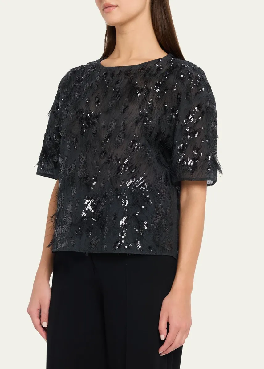 Brunello Cucinelli Animalier Sequined Fringe Silk Short-Sleeve Top | Thumbnail 4 Brunello Cucinelli Animalier Sequined Fringe Silk Short-Sleeve Top | Thumbnail 4