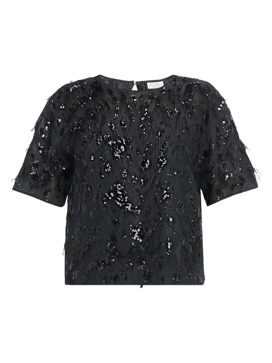 Brunello Cucinelli Animalier Sequined Fringe Silk Short-Sleeve Top