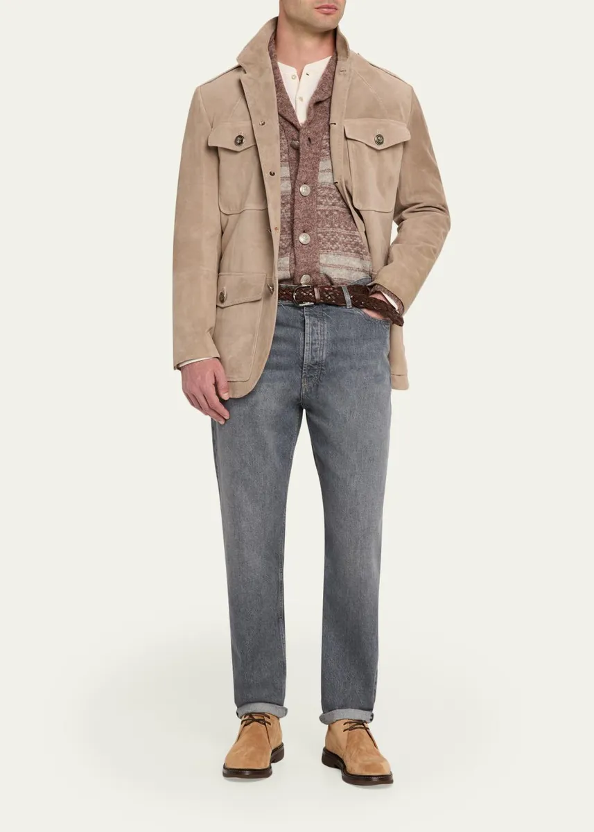 Brunello Cucinelli Men's Rinsed Grey Denim Straight-Leg Jeans | Thumbnail 2