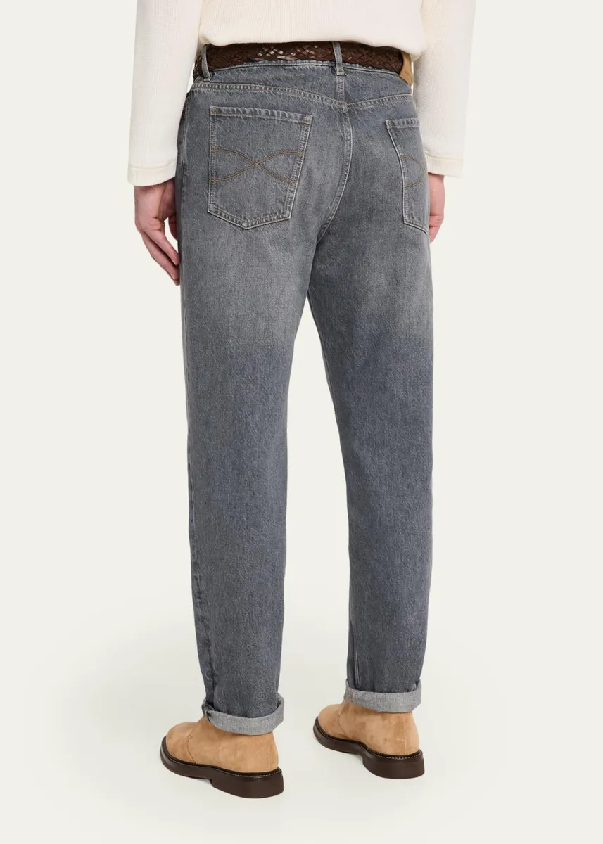 Brunello Cucinelli Men's Rinsed Grey Denim Straight-Leg Jeans | Thumbnail 3