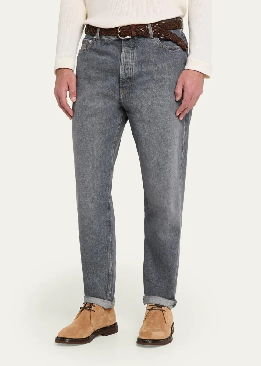 Brunello Cucinelli Men's Rinsed Grey Denim Straight-Leg Jeans | Thumbnail 4