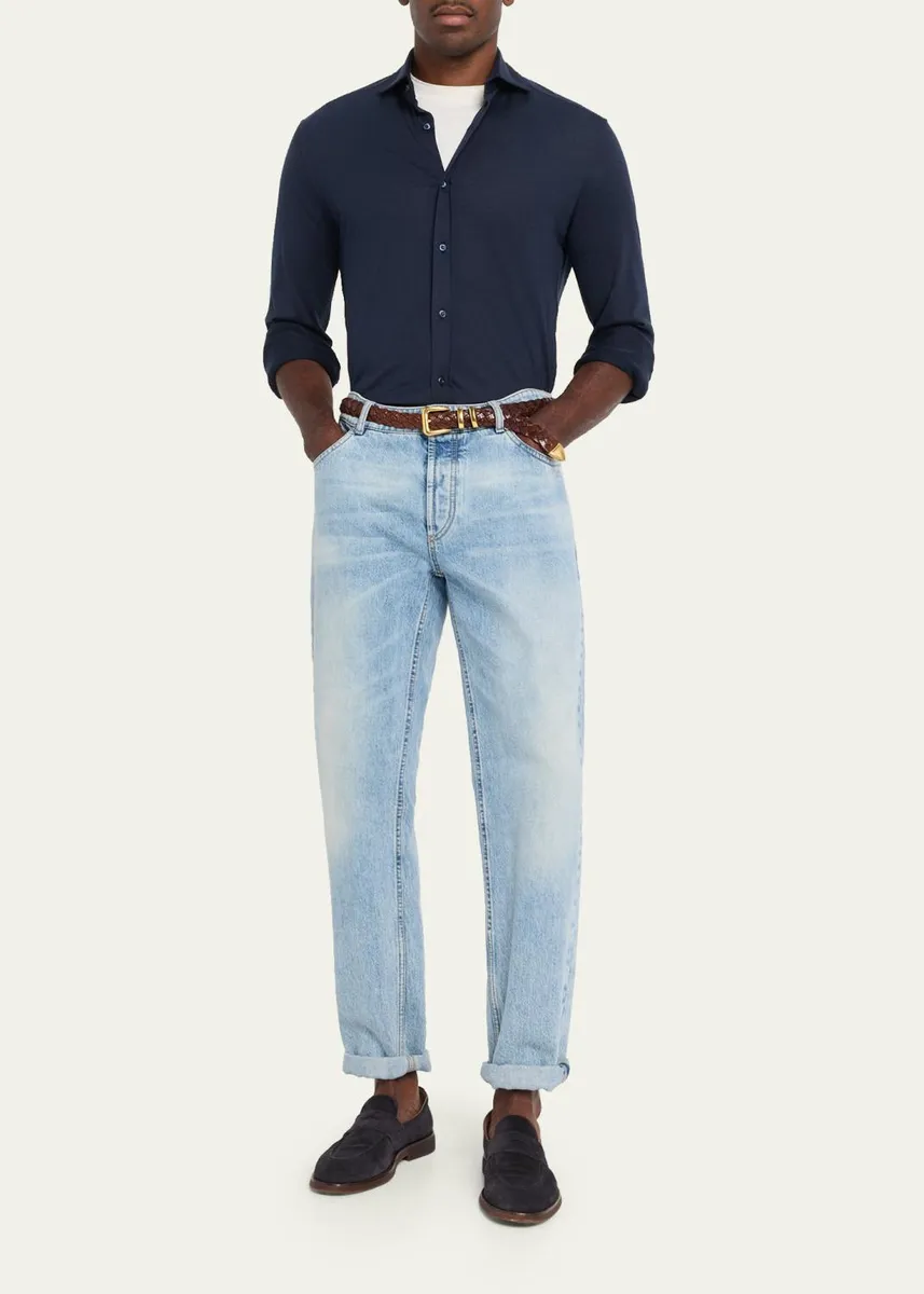 Brunello Cucinelli Men's Silk and Cotton Jersey Long-Sleeve Polo Shirt | Thumbnail 2