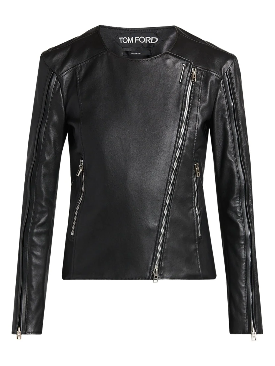Collarless Leather Moto Jacket
