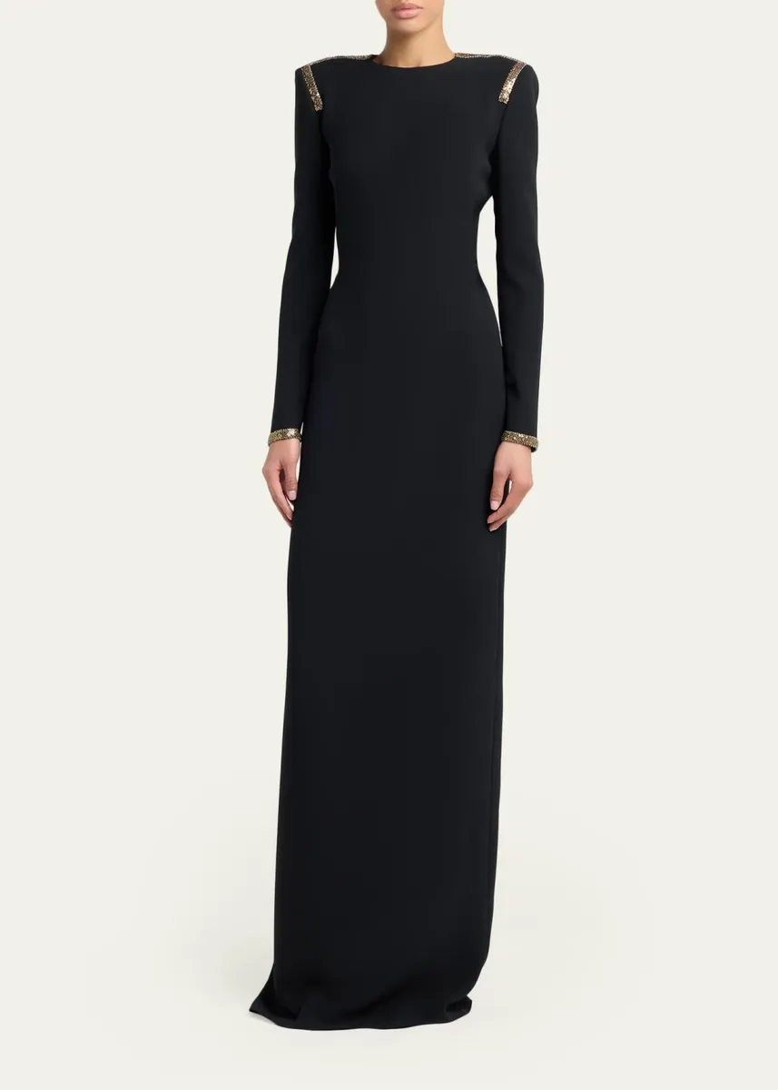 Tom Ford Long-Sleeve Chainmail-Trim Silk Column Gown | Thumbnail 2 Tom Ford Long-Sleeve Chainmail-Trim Silk Column Gown | Thumbnail 2