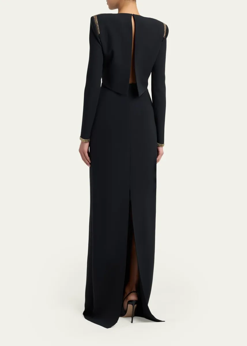 Tom Ford Long-Sleeve Chainmail-Trim Silk Column Gown | Thumbnail 3 Tom Ford Long-Sleeve Chainmail-Trim Silk Column Gown | Thumbnail 3