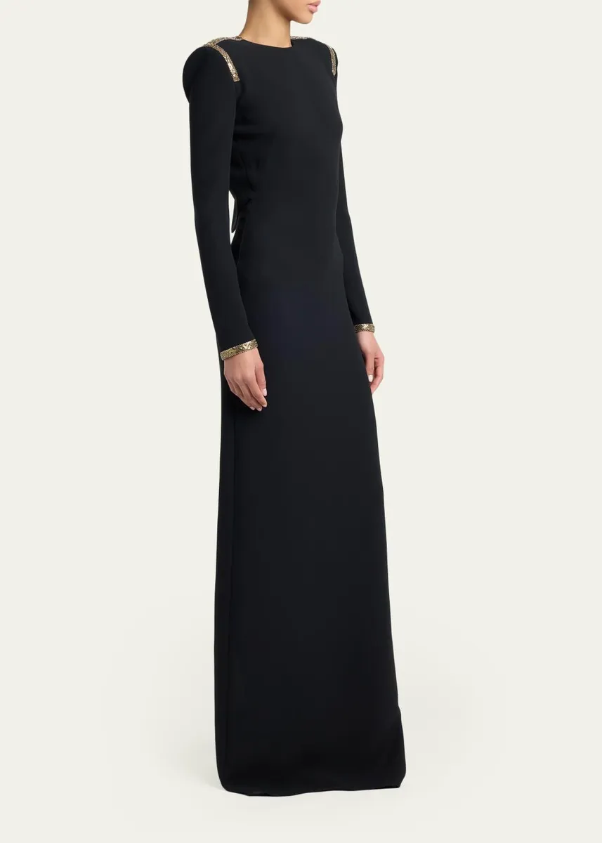 Tom Ford Long-Sleeve Chainmail-Trim Silk Column Gown | Thumbnail 4 Tom Ford Long-Sleeve Chainmail-Trim Silk Column Gown | Thumbnail 4