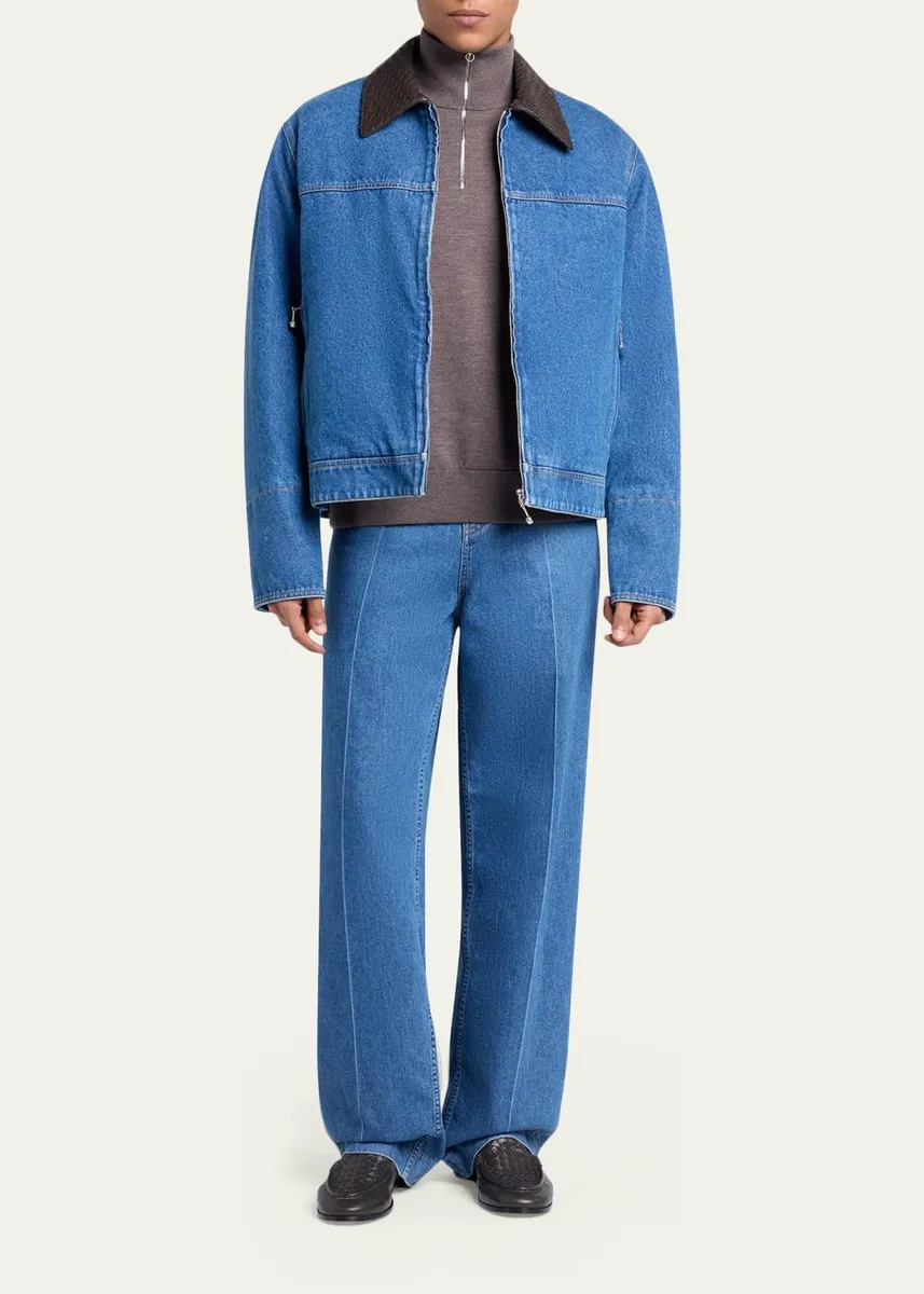 Bottega Veneta Men's Leather Intrecciato-Collar Denim Jacket | Thumbnail 2