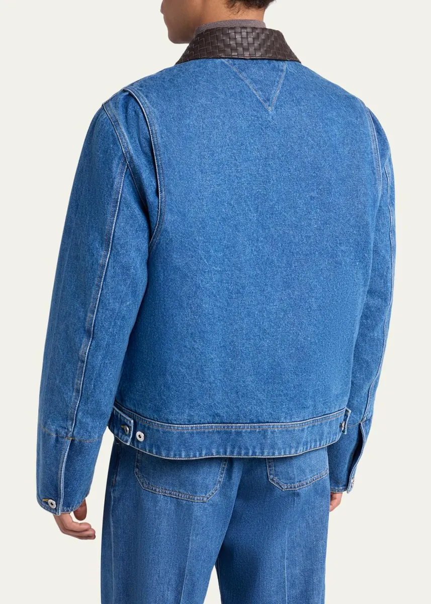 Bottega Veneta Men's Leather Intrecciato-Collar Denim Jacket | Thumbnail 3