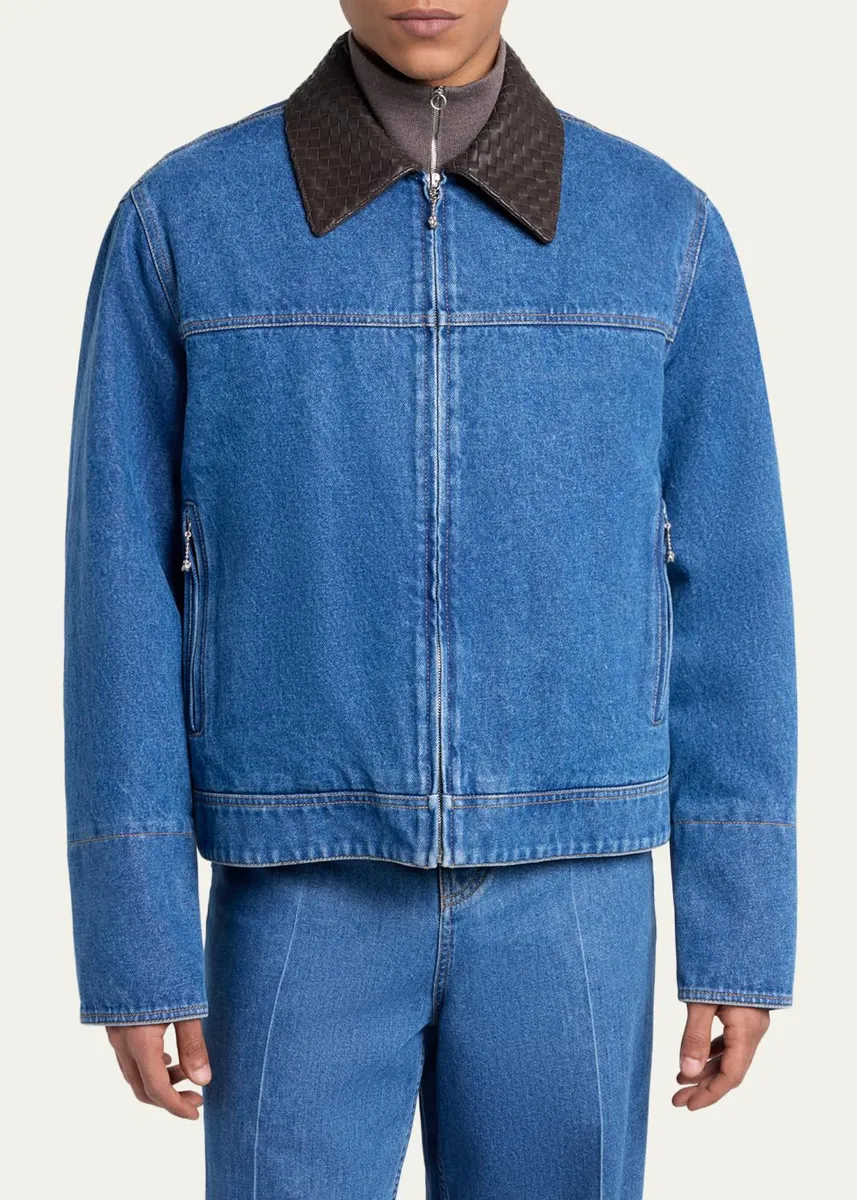 Bottega Veneta Men's Leather Intrecciato-Collar Denim Jacket | Thumbnail 4