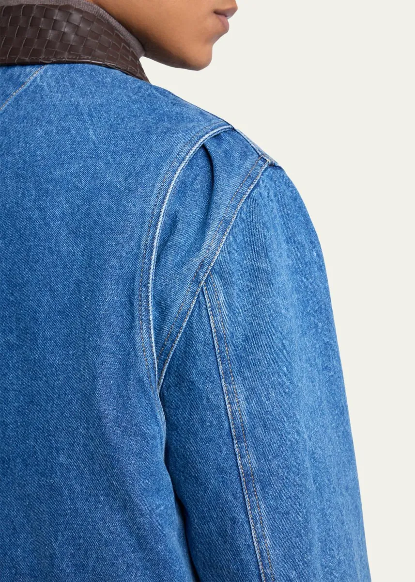 Bottega Veneta Men's Leather Intrecciato-Collar Denim Jacket | Thumbnail 5