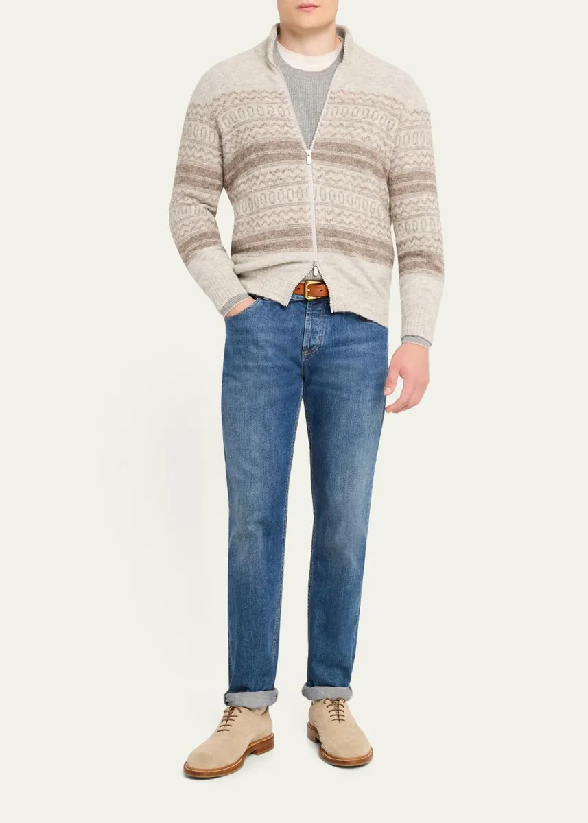 Brunello Cucinelli Men's Geometric Stripe Full-Zip Cardigan | Thumbnail 2 Brunello Cucinelli Men's Geometric Stripe Full-Zip Cardigan | Thumbnail 2
