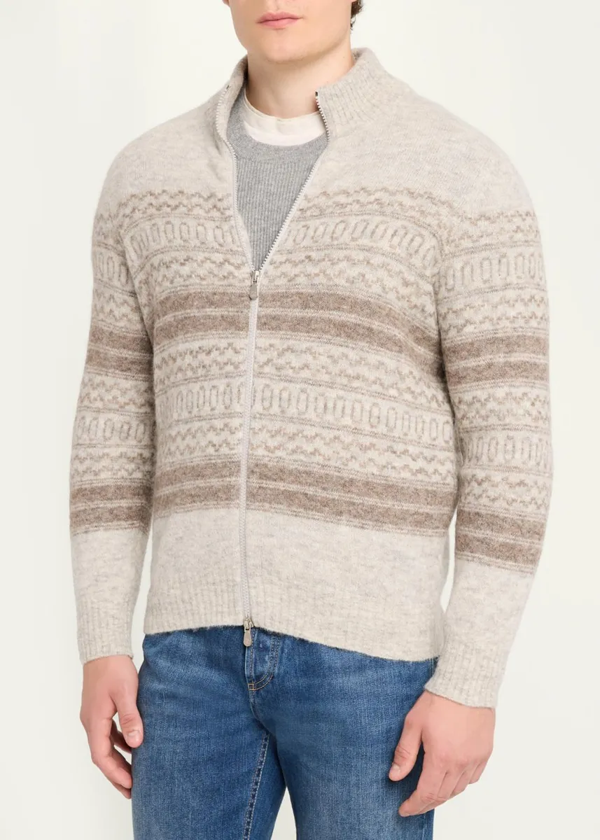 Brunello Cucinelli Men's Geometric Stripe Full-Zip Cardigan | Thumbnail 4 Brunello Cucinelli Men's Geometric Stripe Full-Zip Cardigan | Thumbnail 4