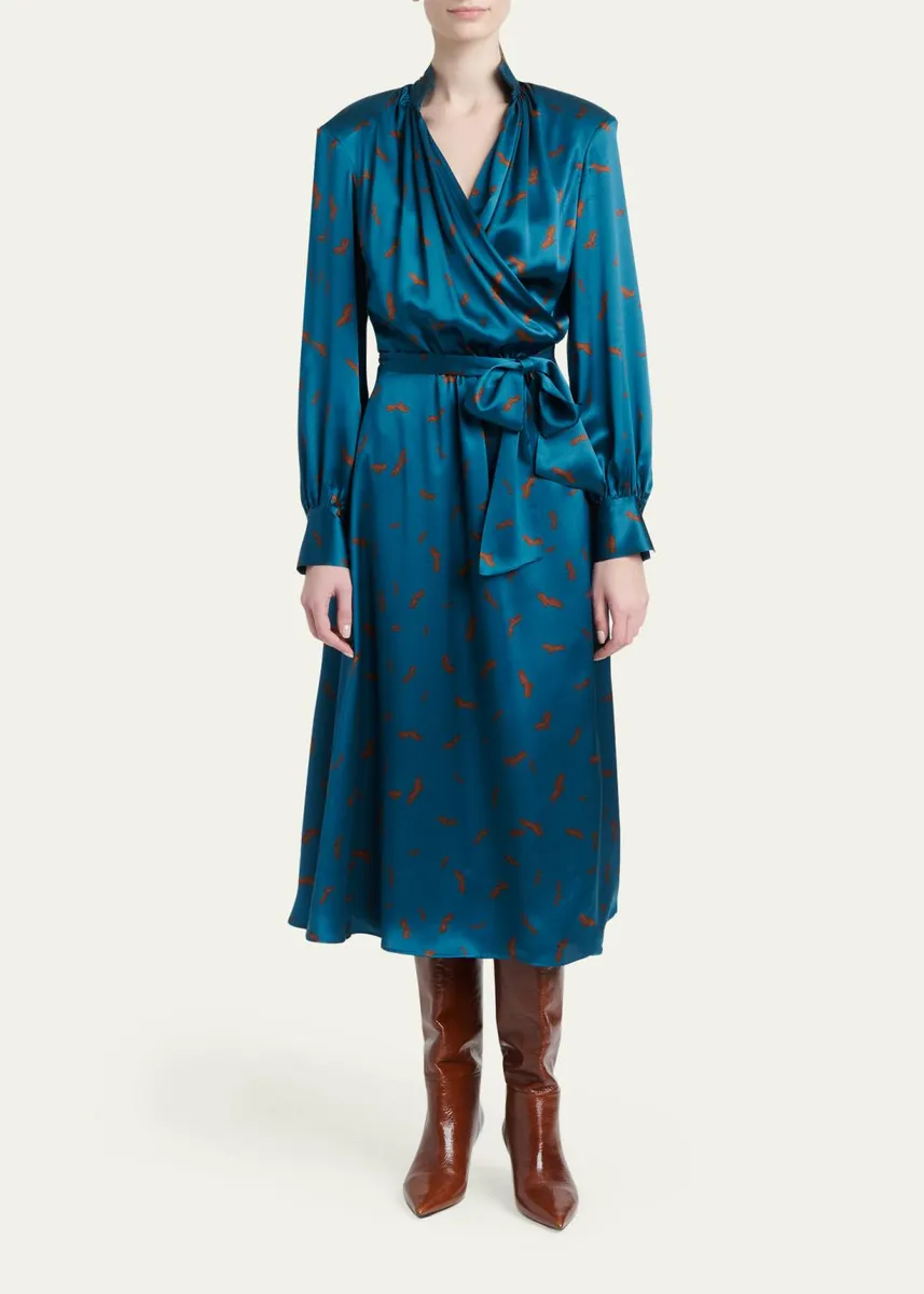 Kiton Strong-Shoulder Long-Sleeve Satin Midi Wrap Dress | Thumbnail 2 Kiton Strong-Shoulder Long-Sleeve Satin Midi Wrap Dress | Thumbnail 2