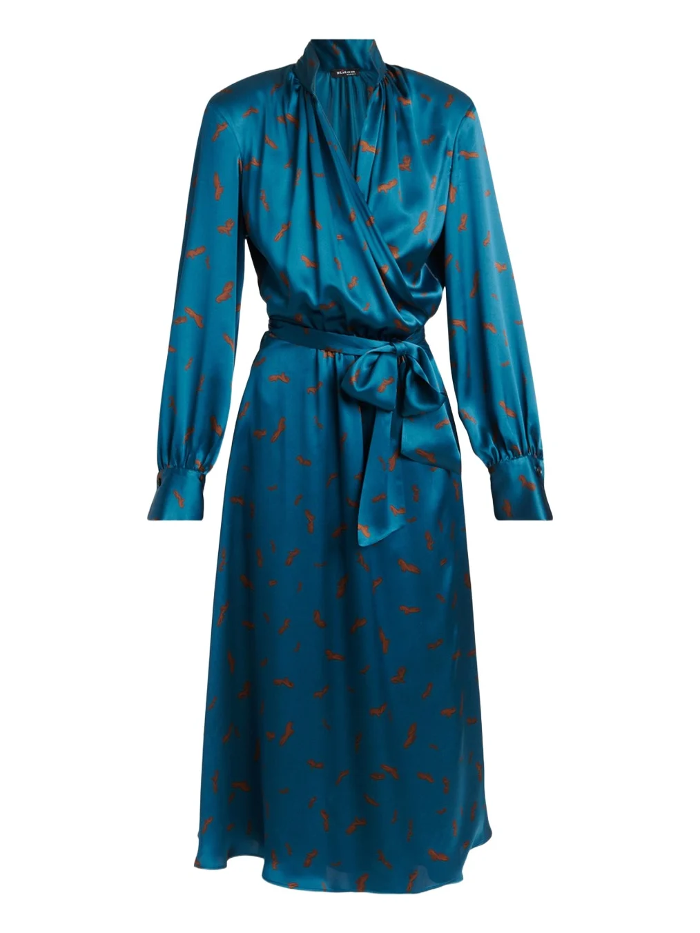 Kiton Strong-Shoulder Long-Sleeve Satin Midi Wrap Dress