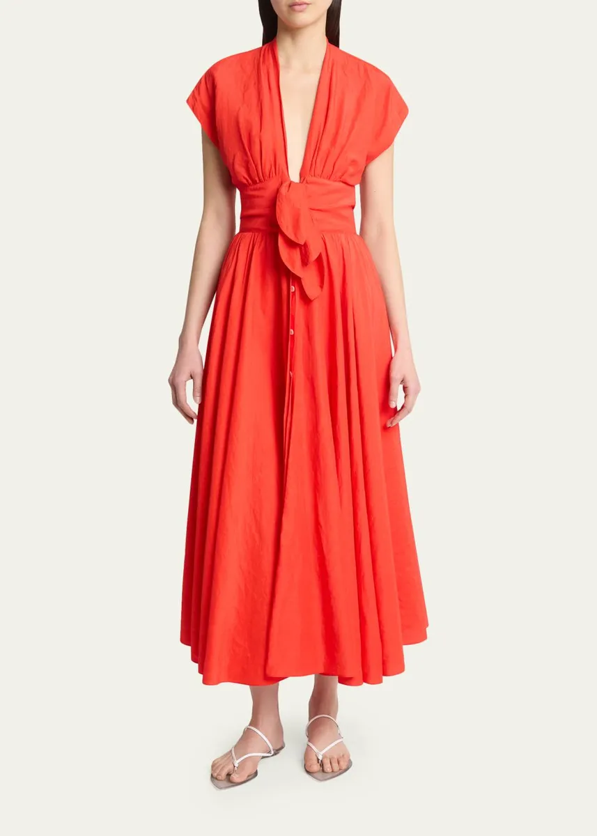 ALAÏA Plunging Belted Linen Midi Dress | Thumbnail 2 ALAÏA Plunging Belted Linen Midi Dress | Thumbnail 2