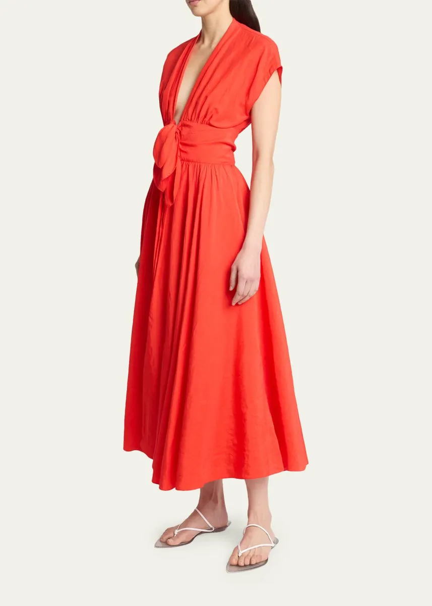 ALAÏA Plunging Belted Linen Midi Dress | Thumbnail 4 ALAÏA Plunging Belted Linen Midi Dress | Thumbnail 4