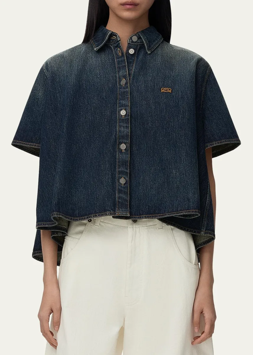 Loewe Short-Sleeve Denim Trapeze Button-Down Shirt | Thumbnail 4