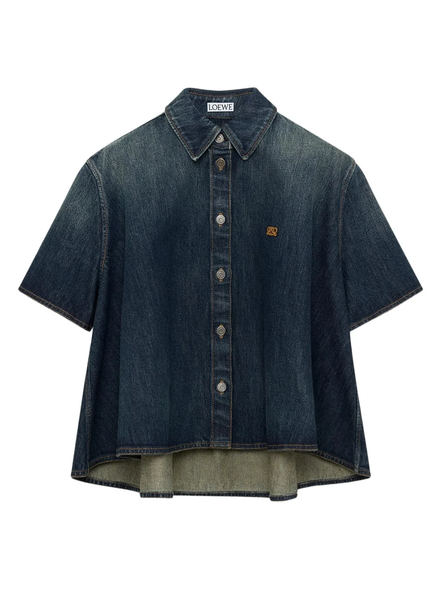 Short-Sleeve Denim Trapeze Button-Down Shirt