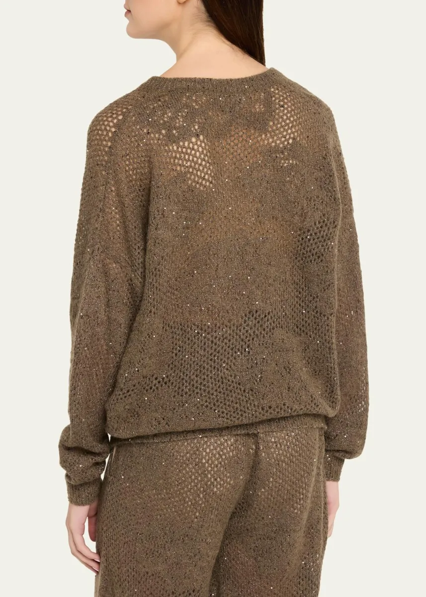 Brunello Cucinelli Diamante Paillette Mohair Open-Knit V-Neck Sweater | Thumbnail 3 Brunello Cucinelli Diamante Paillette Mohair Open-Knit V-Neck Sweater | Thumbnail 3