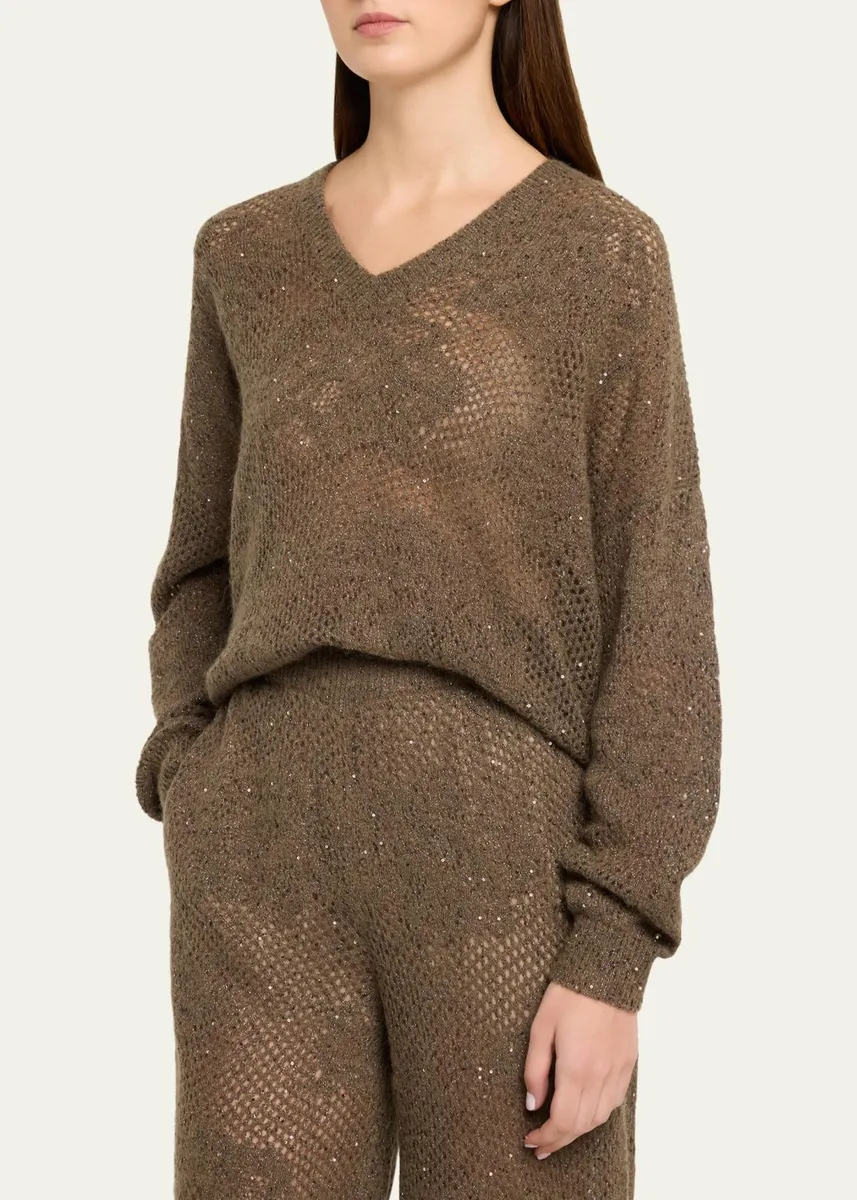 Brunello Cucinelli Diamante Paillette Mohair Open-Knit V-Neck Sweater | Thumbnail 4 Brunello Cucinelli Diamante Paillette Mohair Open-Knit V-Neck Sweater | Thumbnail 4
