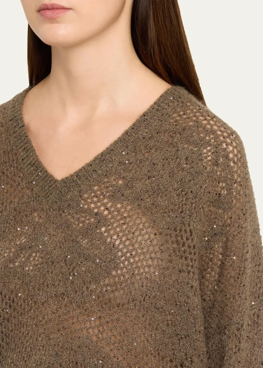 Brunello Cucinelli Diamante Paillette Mohair Open-Knit V-Neck Sweater | Thumbnail 5 Brunello Cucinelli Diamante Paillette Mohair Open-Knit V-Neck Sweater | Thumbnail 5
