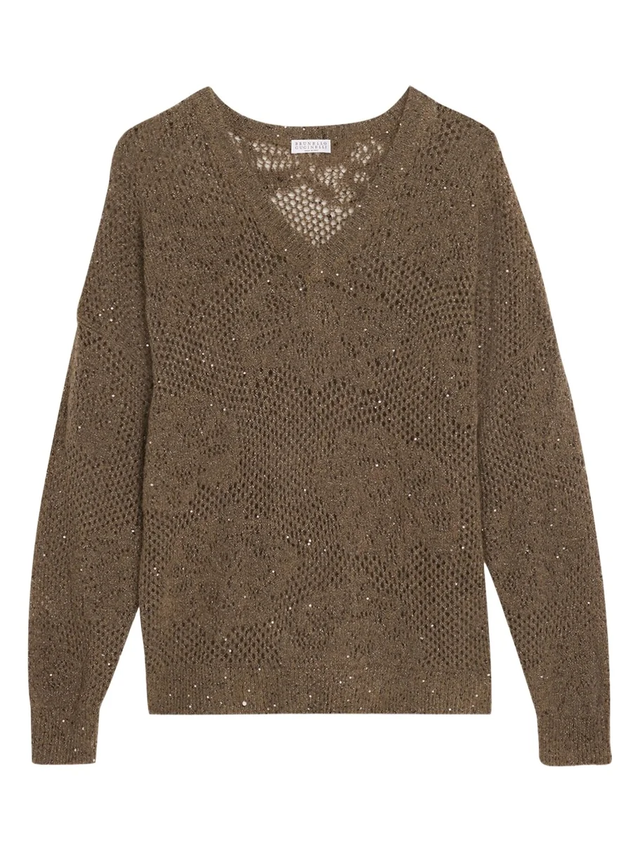 Diamante Paillette Mohair Open-Knit V-Neck Sweater Diamante Paillette Mohair Open-Knit V-Neck Sweater