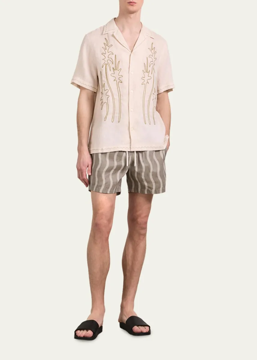 Frescobol Carioca Men's Linen Embroidered-Palm Camp Shirt | Thumbnail 2 Frescobol Carioca Men's Linen Embroidered-Palm Camp Shirt | Thumbnail 2