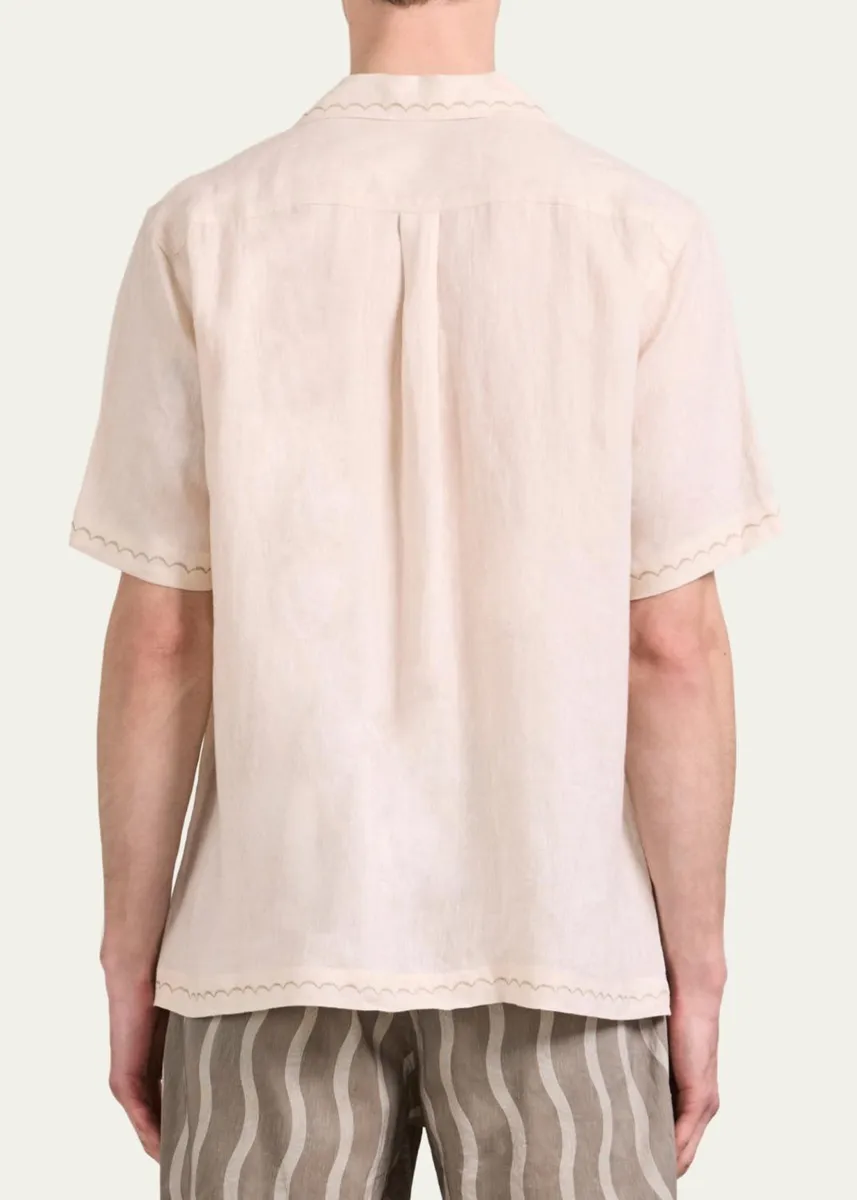 Frescobol Carioca Men's Linen Embroidered-Palm Camp Shirt | Thumbnail 3 Frescobol Carioca Men's Linen Embroidered-Palm Camp Shirt | Thumbnail 3