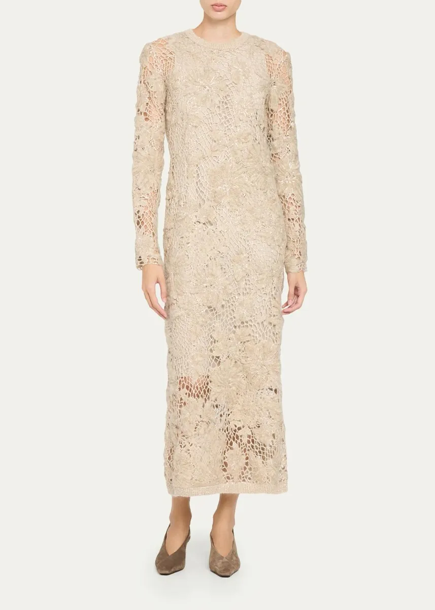 Brunello Cucinelli Mohair Sparkling Floral Embroidered Mesh Dress | Thumbnail 2 Brunello Cucinelli Mohair Sparkling Floral Embroidered Mesh Dress | Thumbnail 2