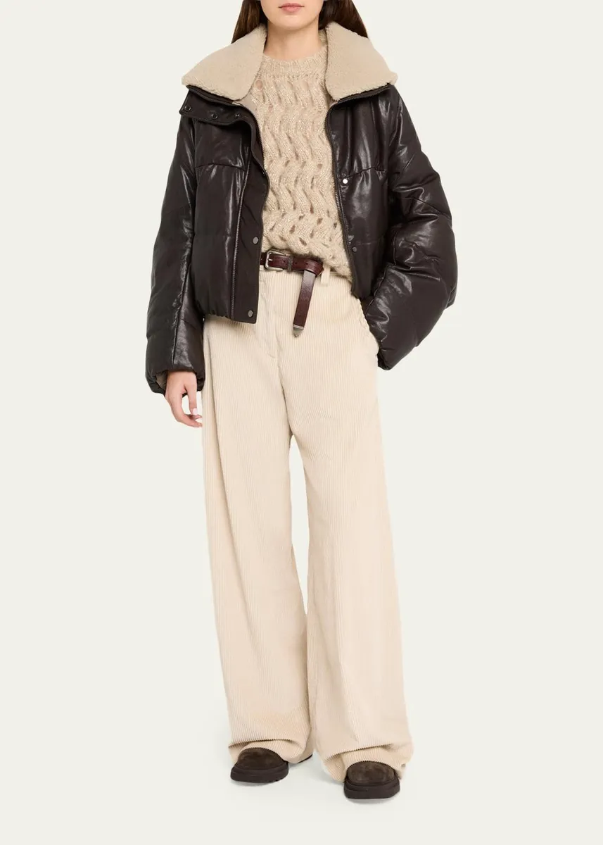 Brunello Cucinelli Waxed Leather Puffer Coat with Shearling Collar | Thumbnail 2 Brunello Cucinelli Waxed Leather Puffer Coat with Shearling Collar | Thumbnail 2