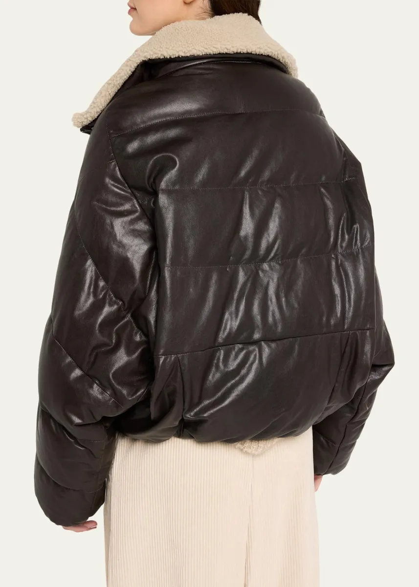 Brunello Cucinelli Waxed Leather Puffer Coat with Shearling Collar | Thumbnail 3 Brunello Cucinelli Waxed Leather Puffer Coat with Shearling Collar | Thumbnail 3