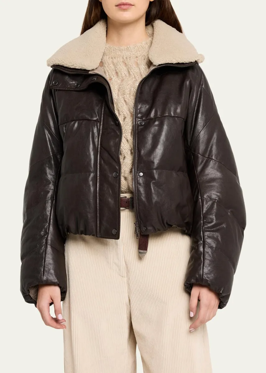 Brunello Cucinelli Waxed Leather Puffer Coat with Shearling Collar | Thumbnail 4 Brunello Cucinelli Waxed Leather Puffer Coat with Shearling Collar | Thumbnail 4