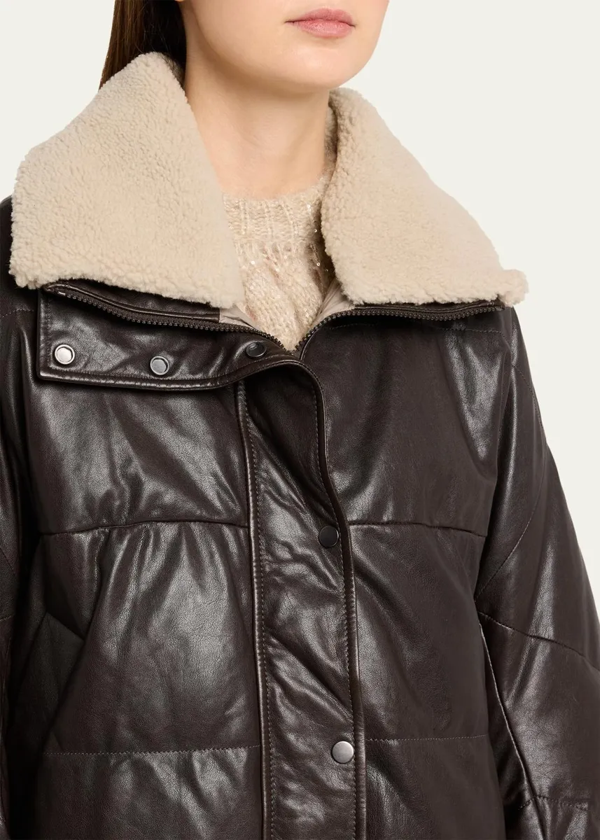 Brunello Cucinelli Waxed Leather Puffer Coat with Shearling Collar | Thumbnail 5 Brunello Cucinelli Waxed Leather Puffer Coat with Shearling Collar | Thumbnail 5