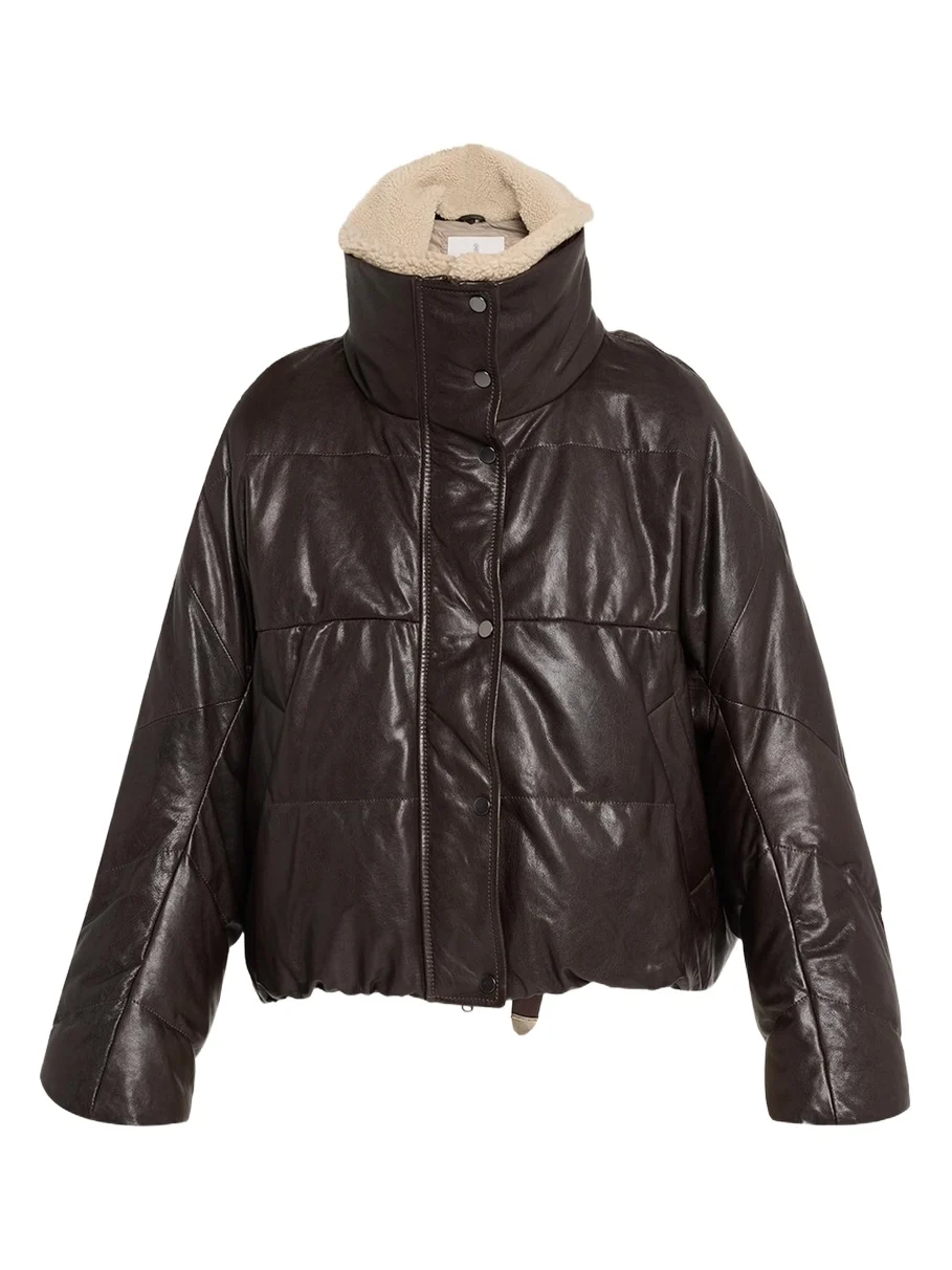 Waxed Leather Puffer Coat with Shearling Collar Waxed Leather Puffer Coat with Shearling Collar