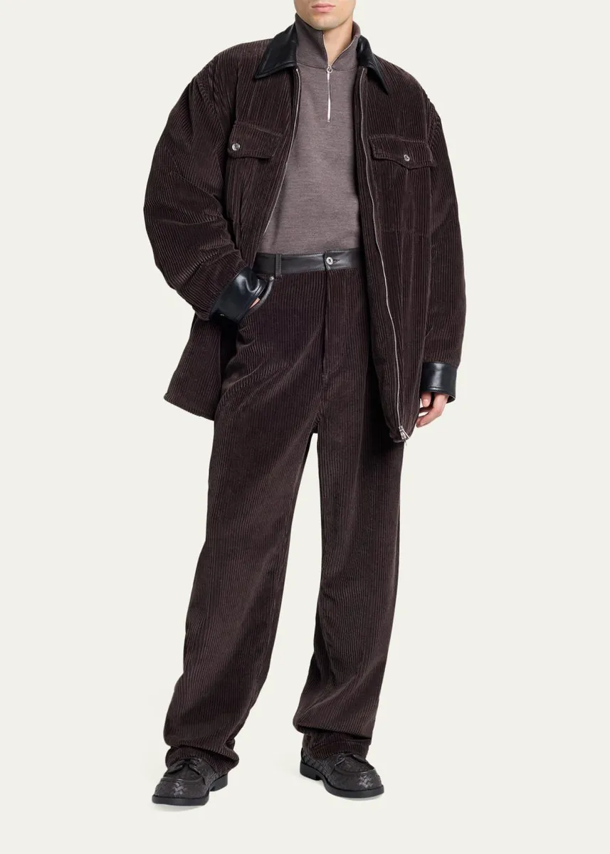 Bottega Veneta Men's Corduroy Leather-Trim Wide-Leg Pants | Thumbnail 2