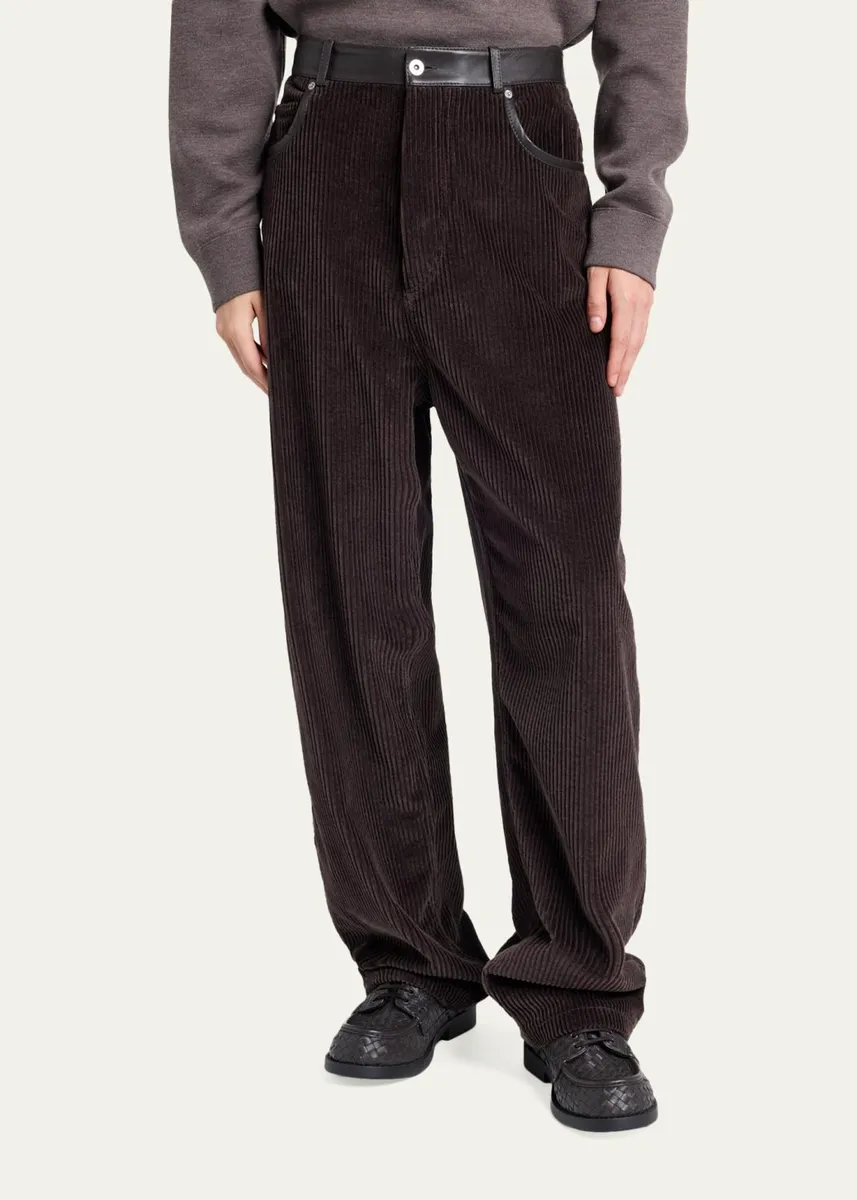 Bottega Veneta Men's Corduroy Leather-Trim Wide-Leg Pants | Thumbnail 4