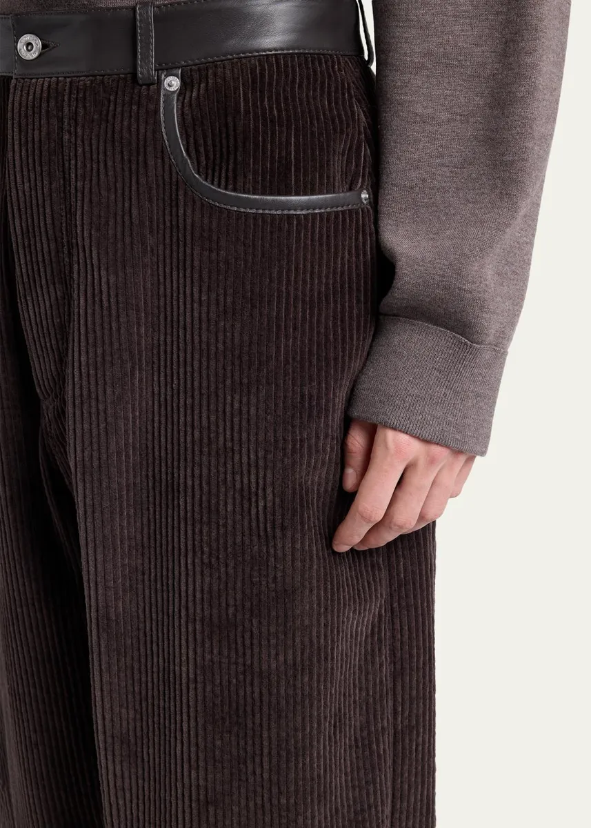 Bottega Veneta Men's Corduroy Leather-Trim Wide-Leg Pants | Thumbnail 5